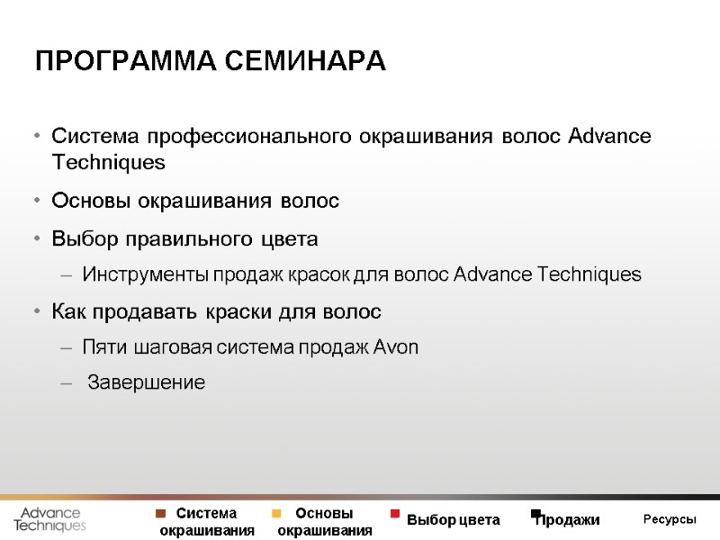 ПРОГРАММА СЕМИНАРА Система профессионального окрашивания волос Advance Techniques Основы окрашивания волос Выбор правильного цвета